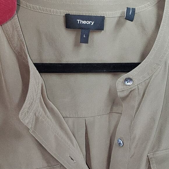 Theory Silk Brown Button Down Blouse Long Sleeve Utility Style Top Size L - Picture 7 of 7